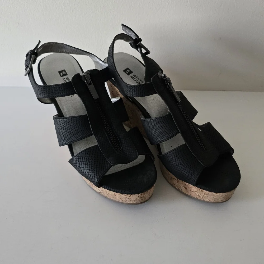 White Mountain Black Zip-Front Cork Wedge Sandals – Size 8.5